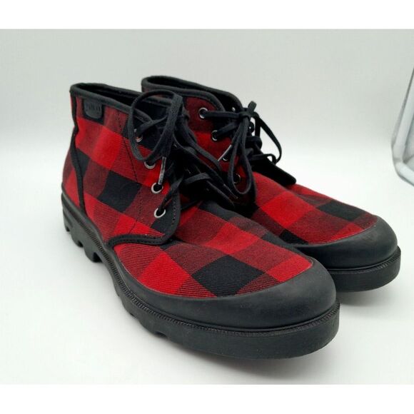 RALPH LAUREN Polo Umar Red Black Buffalo Plaid‎ Check Ankle Boots Men's 8.5 D - Picture 1 of 10